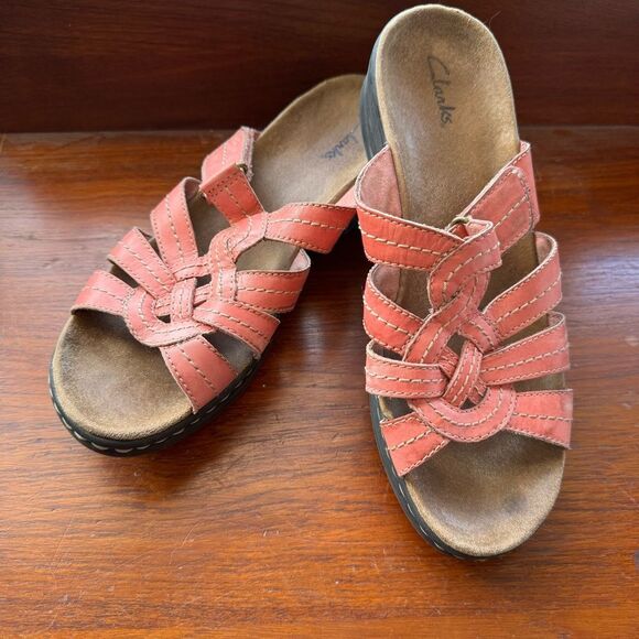 Clarks Women's Pink Coral Wedge Leather Sandals 9.5 - Picture 2 of 7